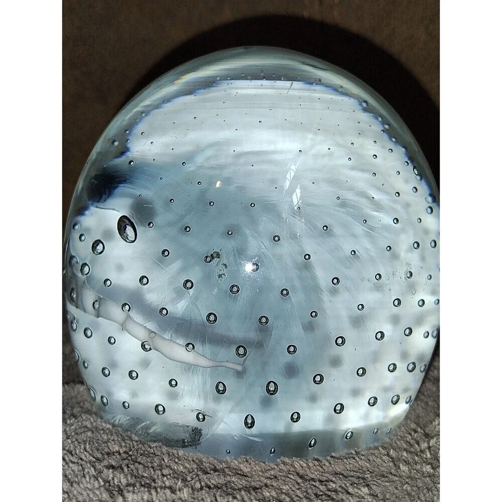 Vintage Controlled Bubble Art Glass Paperweight White & Smoky Black Swirl 3.5